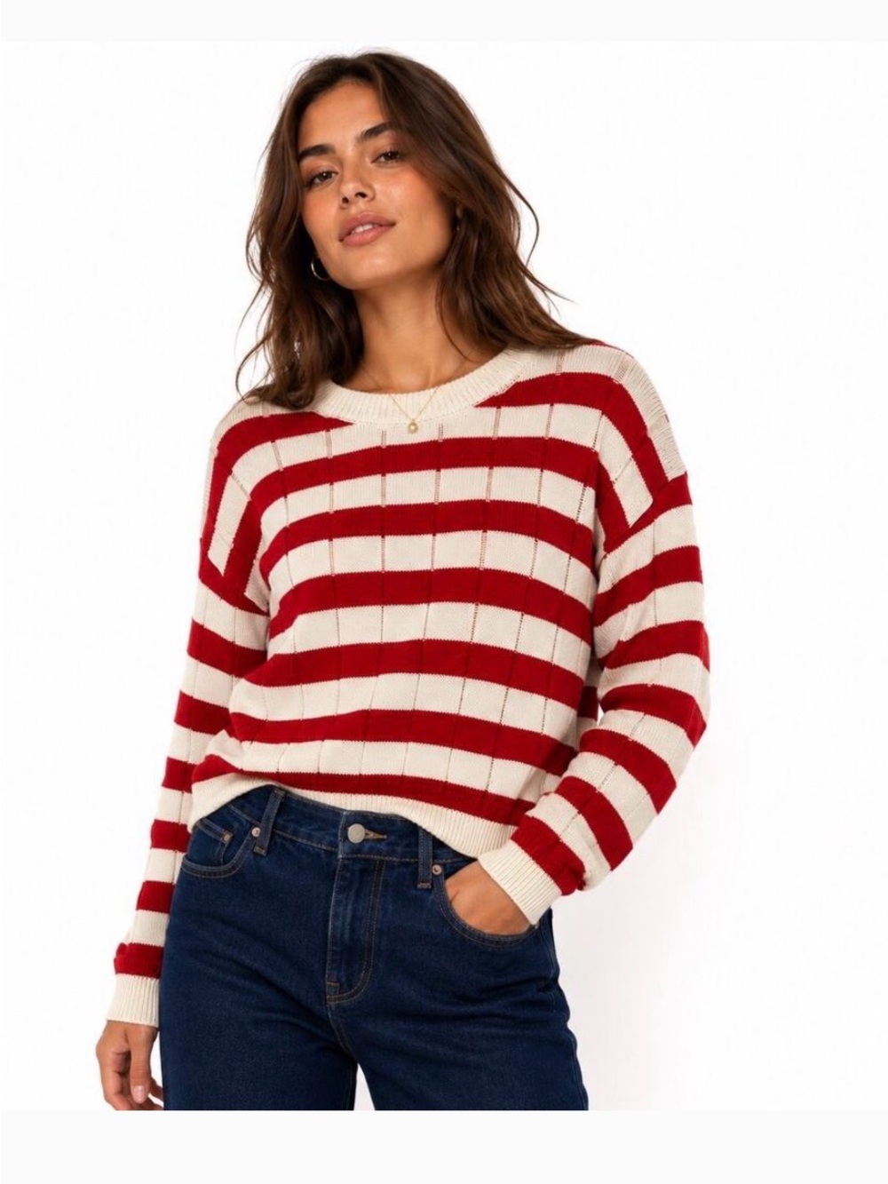 Evereve Shayla Striped Red and Cream Crewneck Women's Sweater